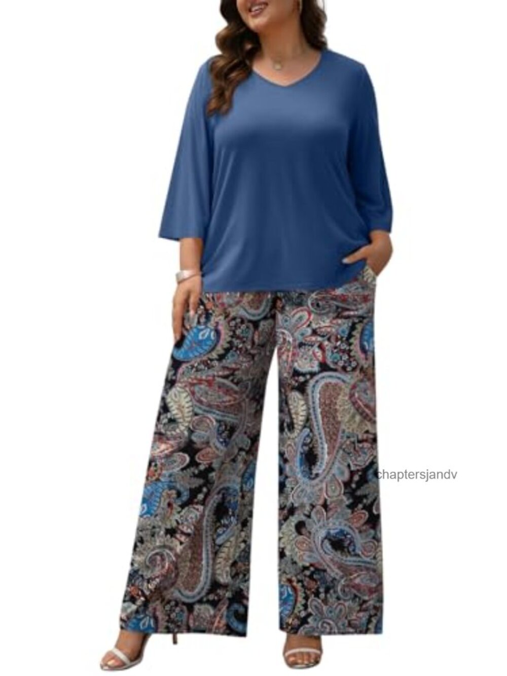 Plus Size 2 Piece Outfit 3/4 Sleeve Tunic Top Floral Wide Leg Pant Set Lounge